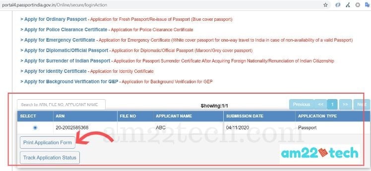 Print passport application