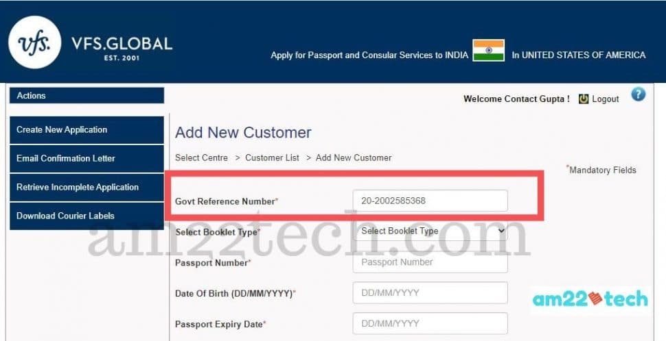 VFS global - add customer-passport and ARN number