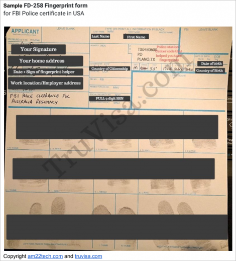 Sample FD-258 form for FBI fingerprints