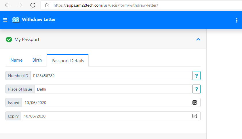 Enter passport details for USCIS withdrawal letter