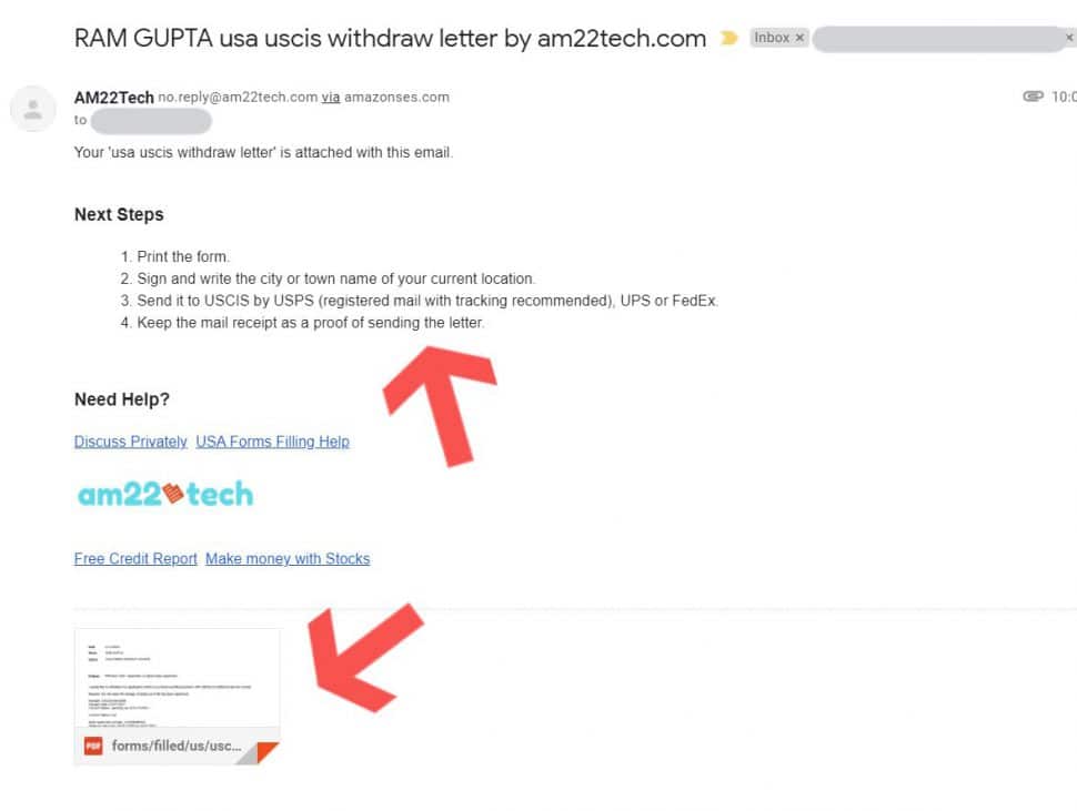 USCIS application withdrawal letter email by am22tech
