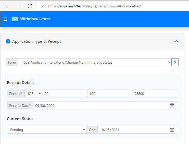 USCIS application withdrawal letter receipt details