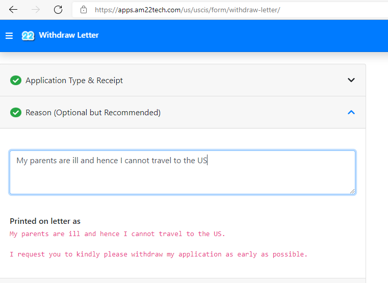 Reason of withdrawing USCIS pending application