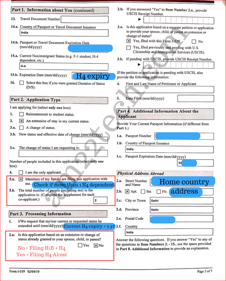 Sample I539 Form Extension Documents B1 B2 H4 COS USA