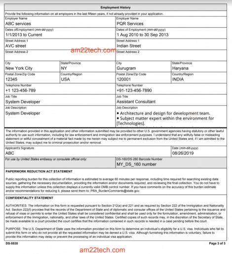 DS 5535 Form Security Check (15 Year Travel History, Processing Time) - USA