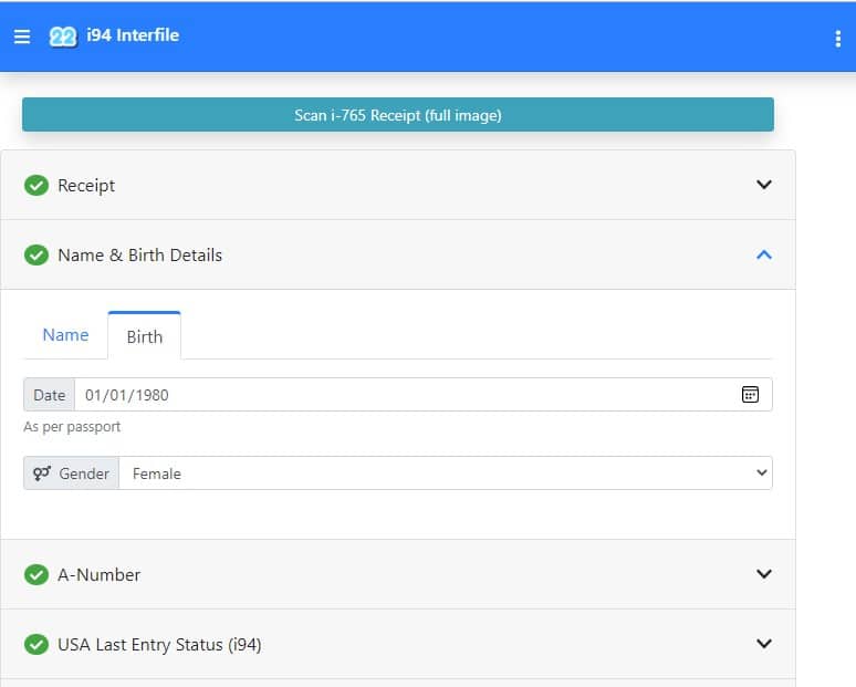 i94 Interfile letter - add name and birth details