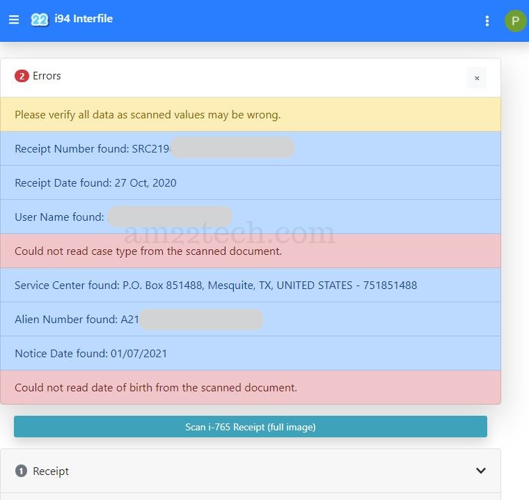 USCIS receipt data scanned by am22tech app