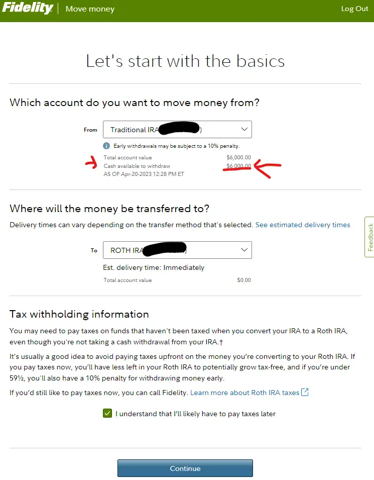 Fidelity- Transfer IRA account cash available to withdraw